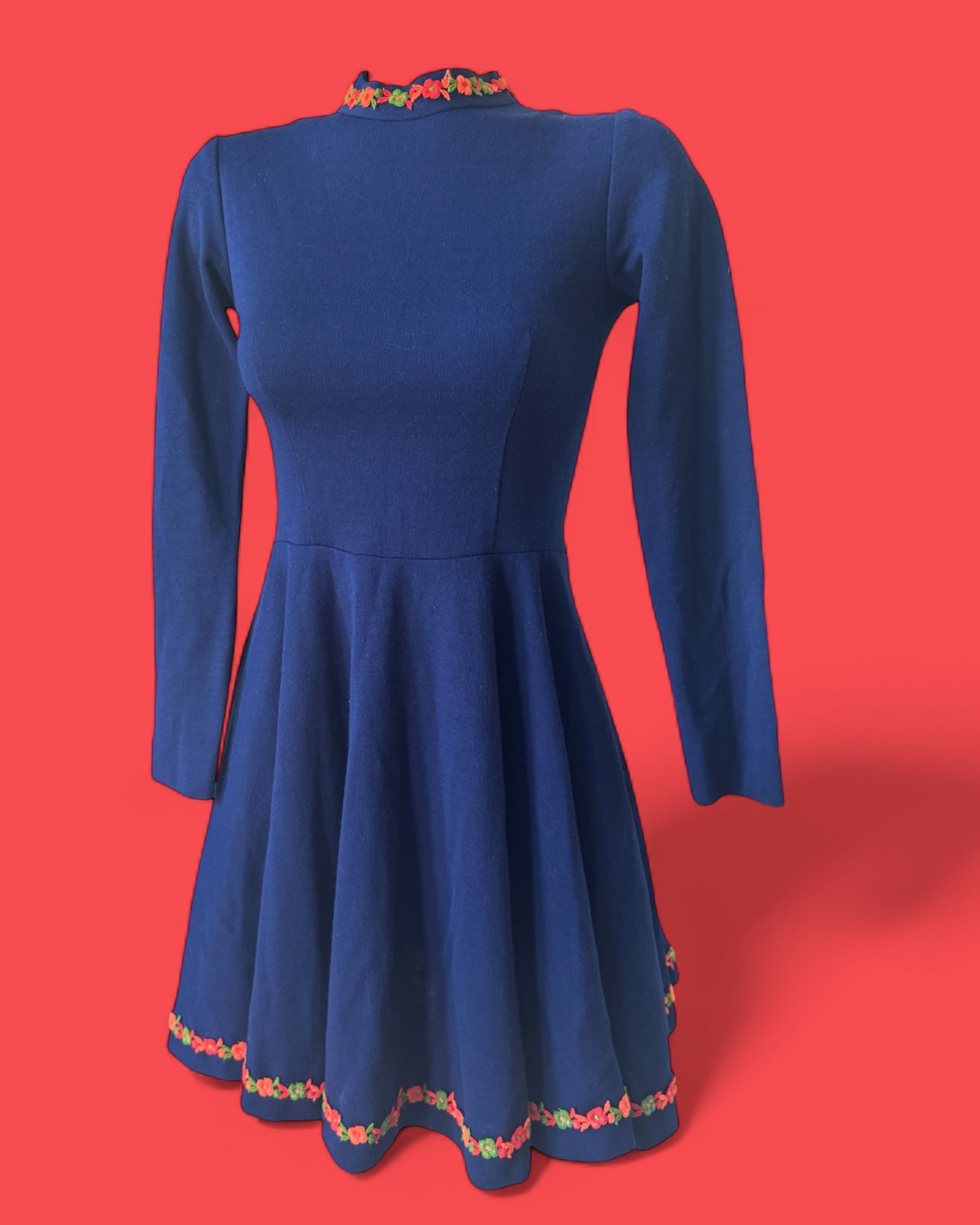 60s Handmade Fall Mini Dress with Flower Trim 60s Handmade Fall Mini Dress with Flower Trim