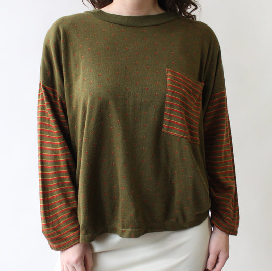 80s Olive Boxy Top with Stripes and Designs
