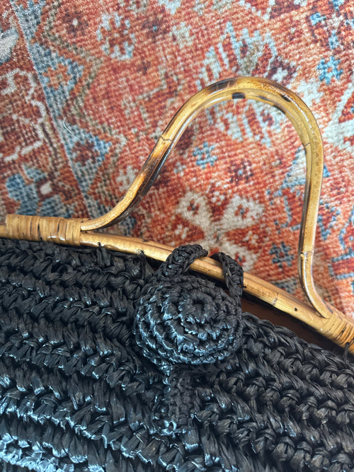50s Italian Made Large Raffia Bag with Wooden Handles