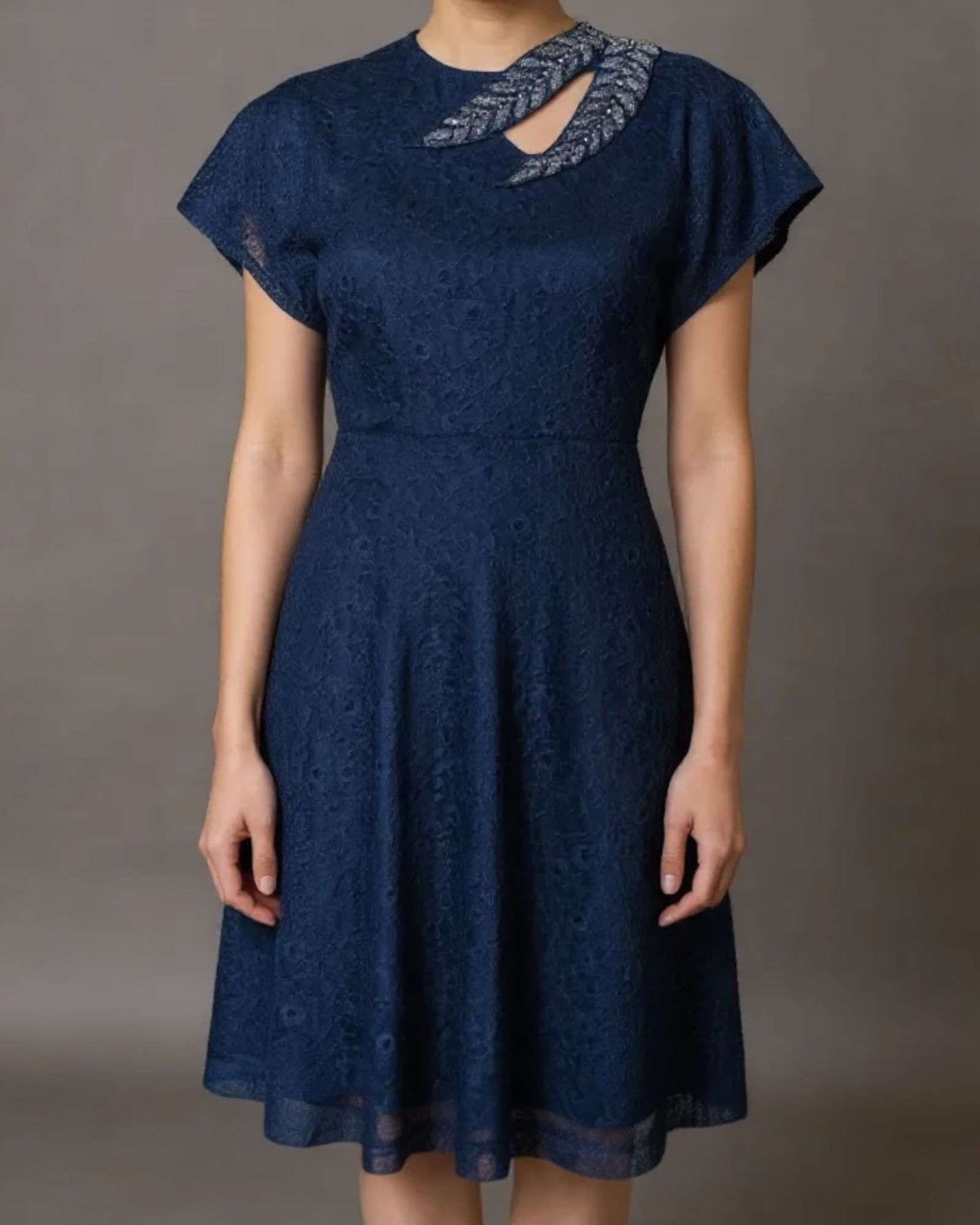 50s Handmade Navy Lace Dress with Beaded Embellishment