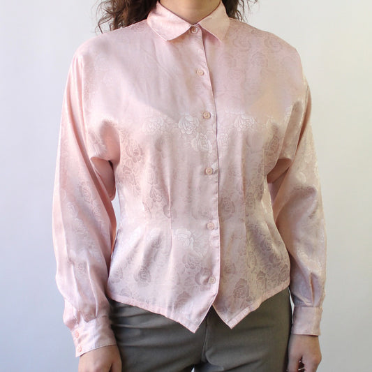 90s Baby Pink Embossed Roses Blouse