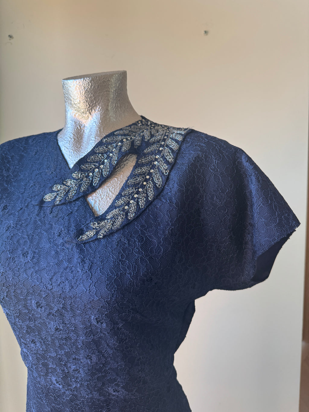 50s Handmade Navy Lace Dress with Beaded Embellishment