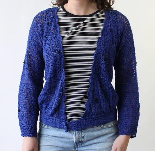 70s Hand Crochet Black & Blue Cardigan