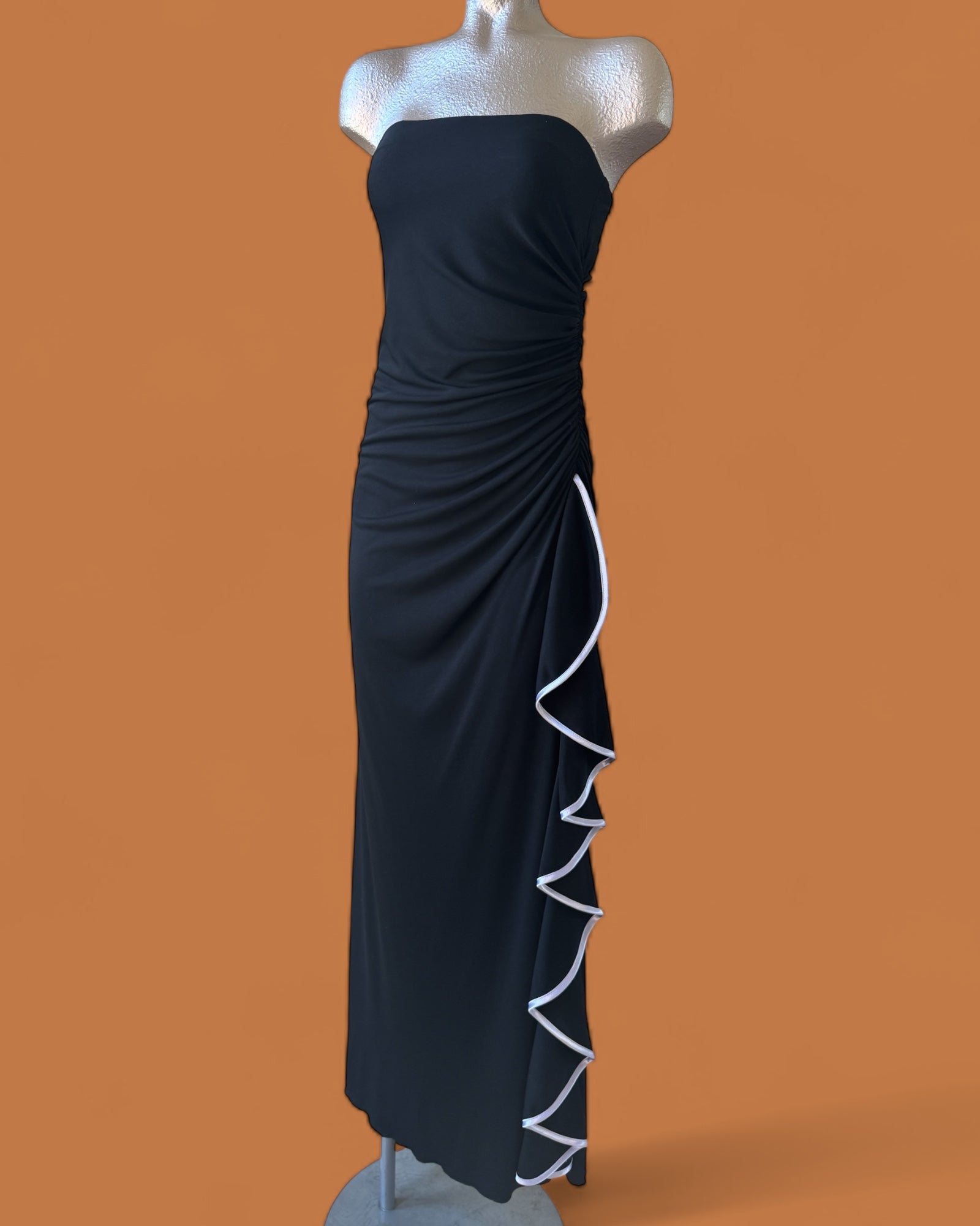 90s Strapless Satin Trim Ruffle Evening Dress