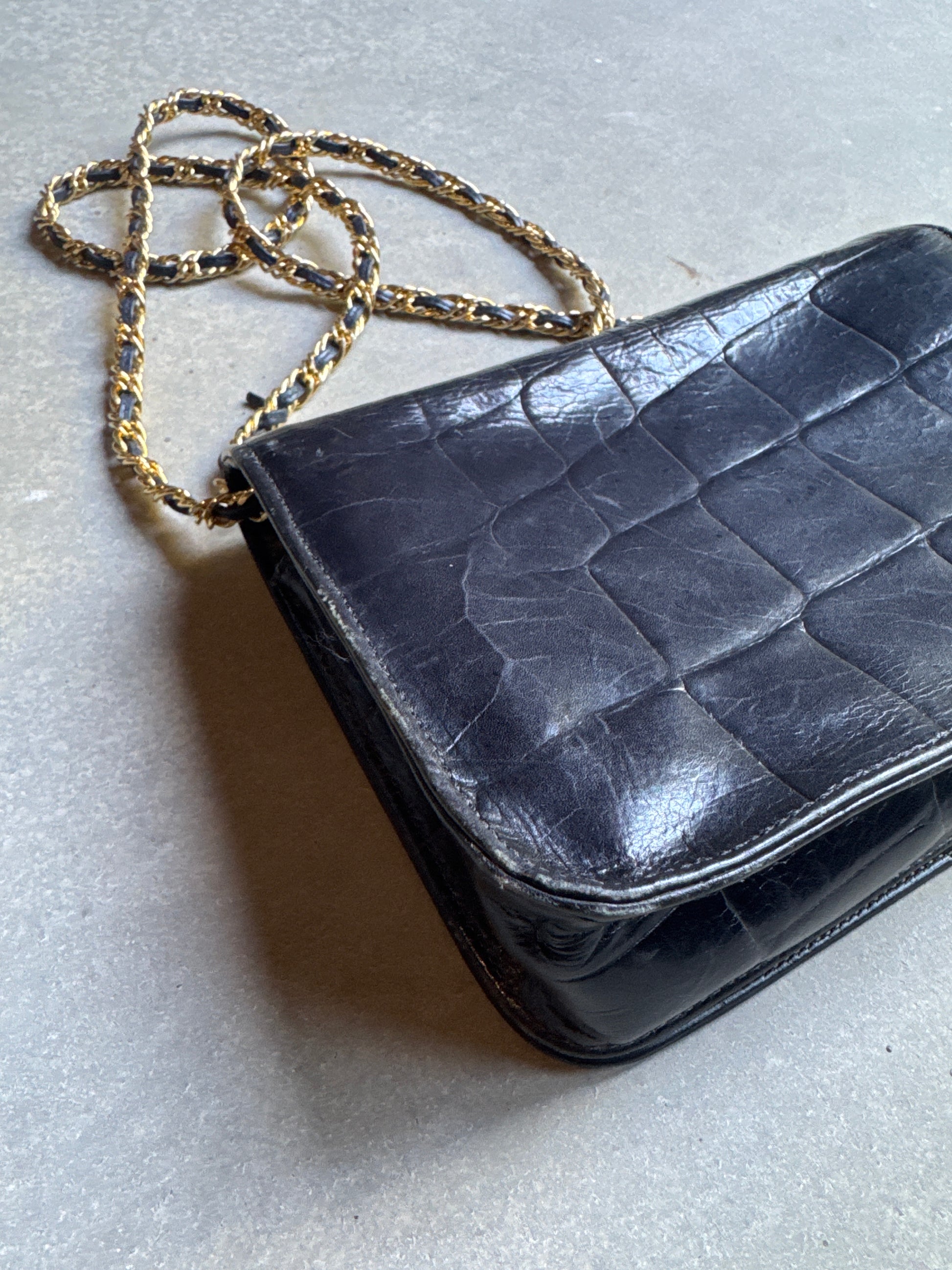 80s Black Embossed Leather Purse with Gold Chain Strap