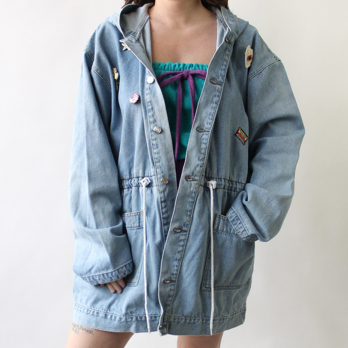 90s Oversized Hooded Denim Jackets with Embellishments