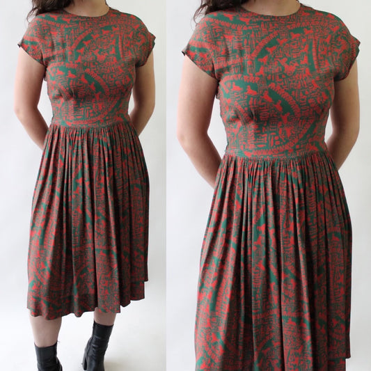 40s Egyptian Revival Print Rayon Dress