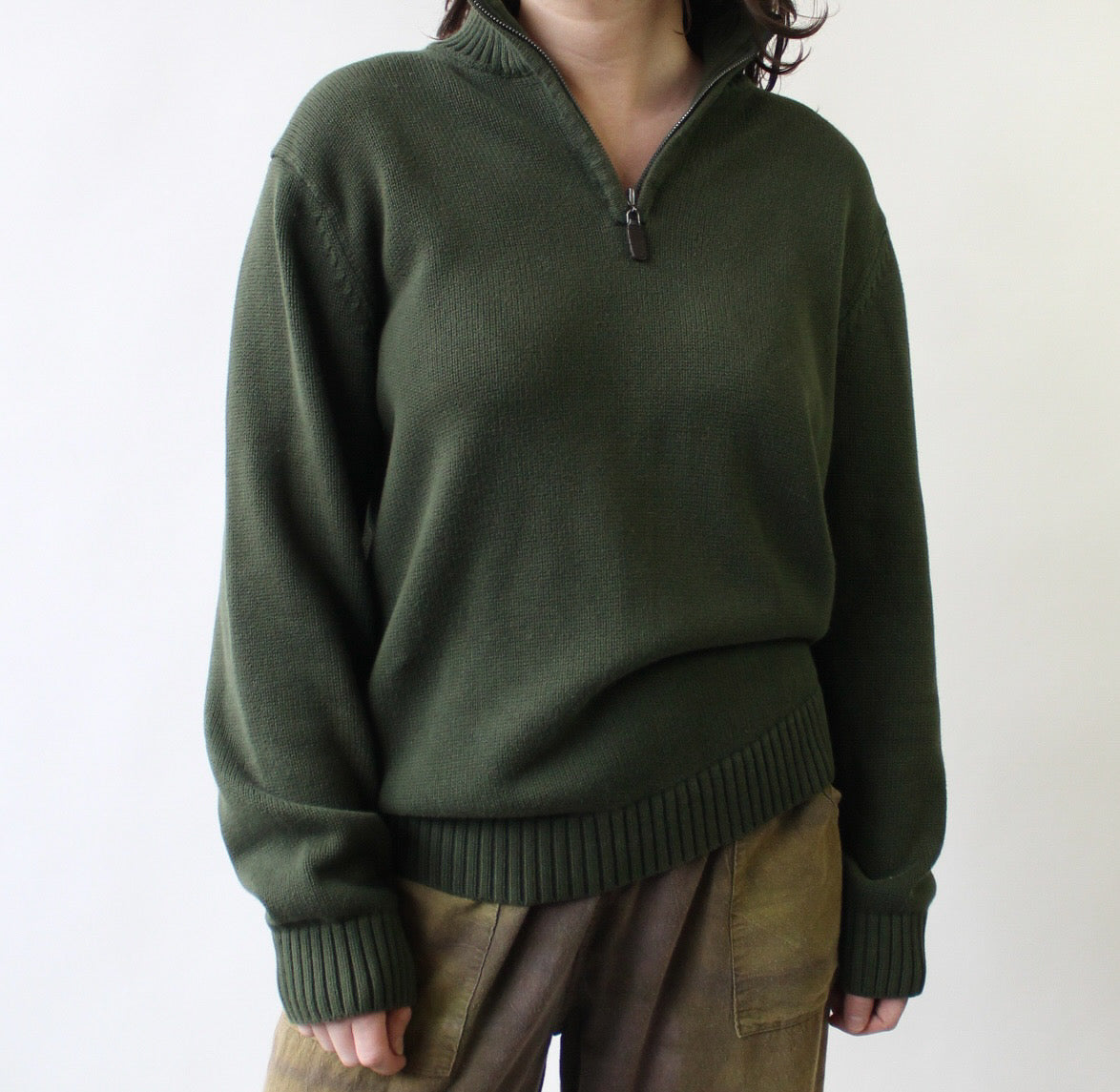 90s LL Bean Cotton Green Quarter Zip Sweater
