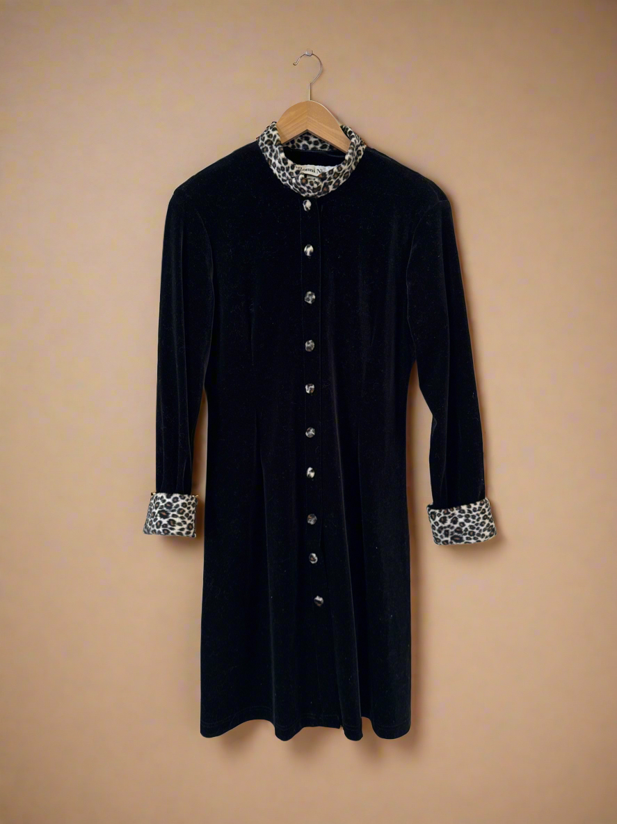 90s Velvet Duster Dress with Cheetah Trim
