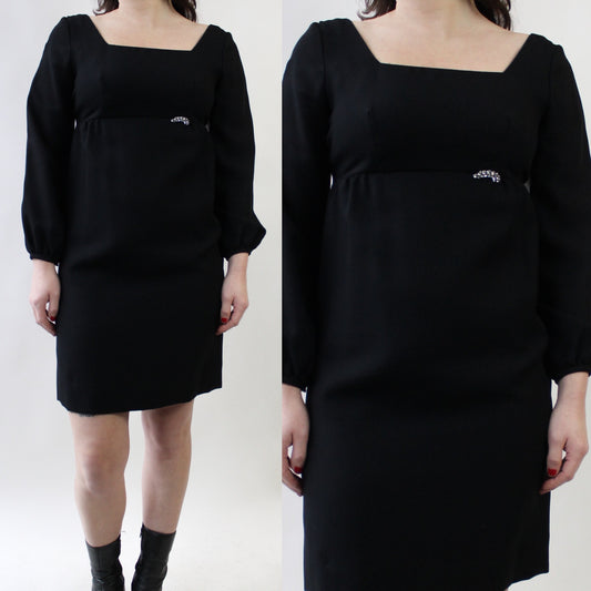 60s Black Babydoll Dress with Brooch