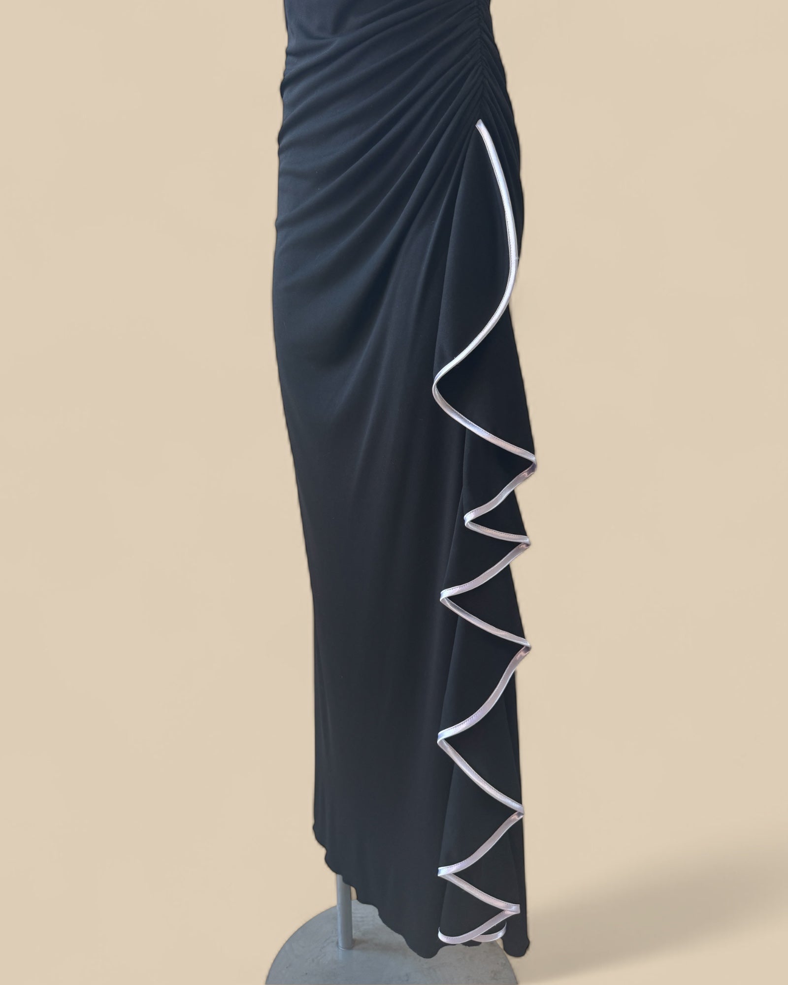 90s Strapless Satin Trim Ruffle Evening Dress