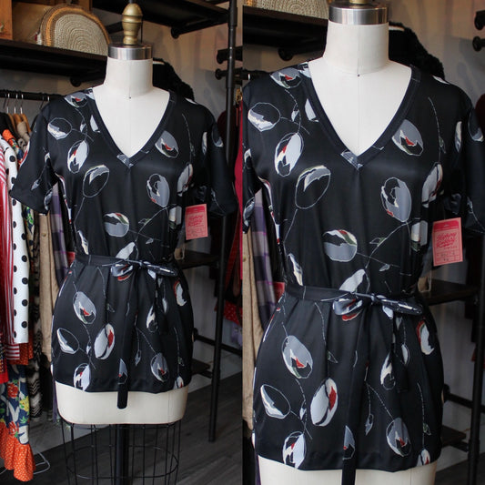 80s Deadstock Black Modern Art Top with Tie