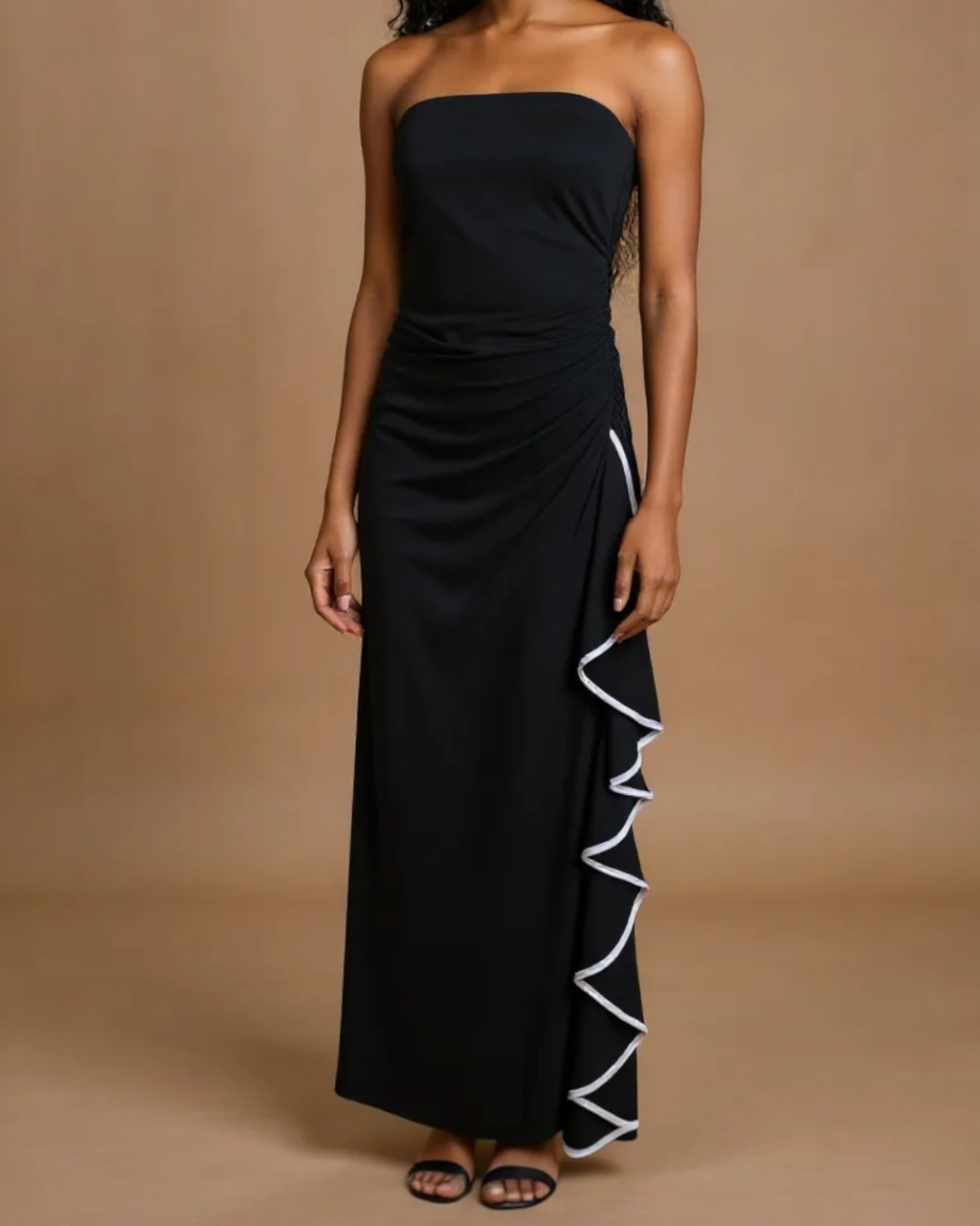 90s Strapless Satin Trim Ruffle Evening Dress