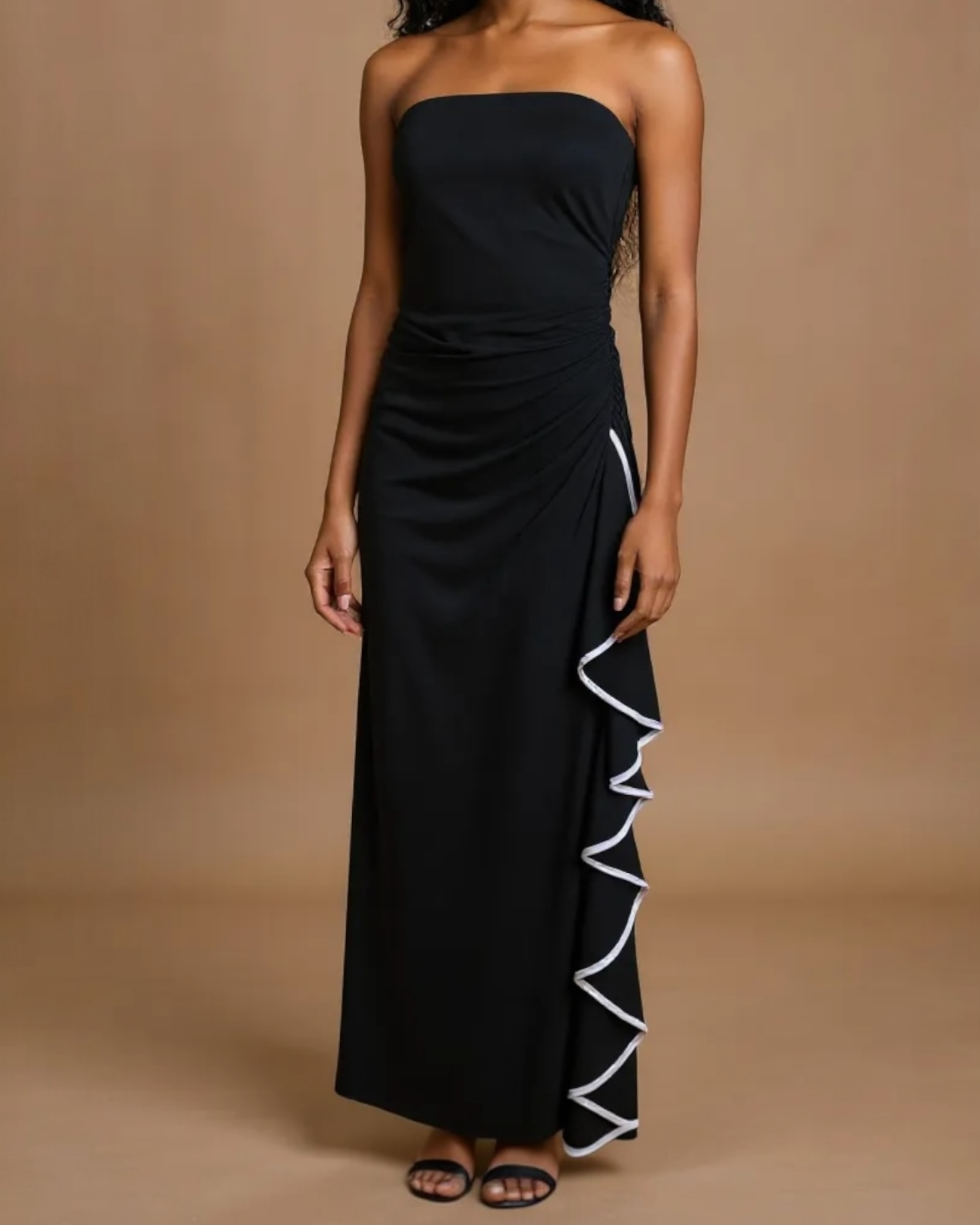 90s Strapless Satin Trim Ruffle Evening Dress