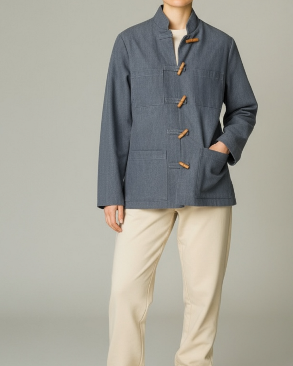 70s Denim Mandarin Collar Jacket with Toggles