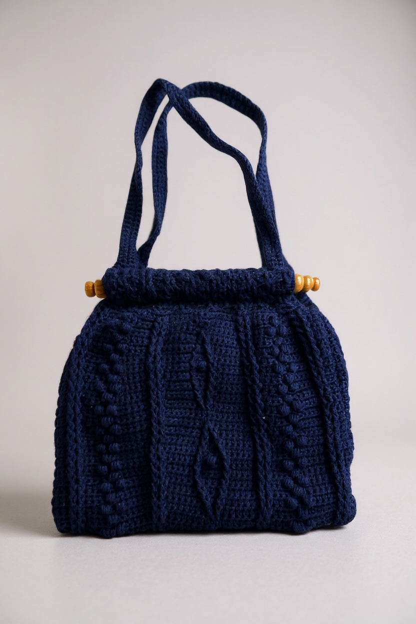 70s Handmade Blue Crochet Bag