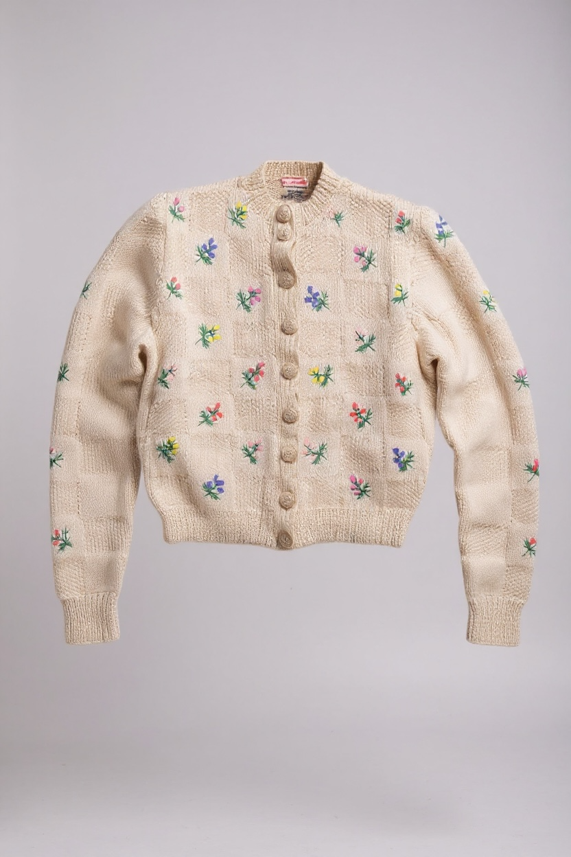 50s Wool Windowpane Floral Cardigan
