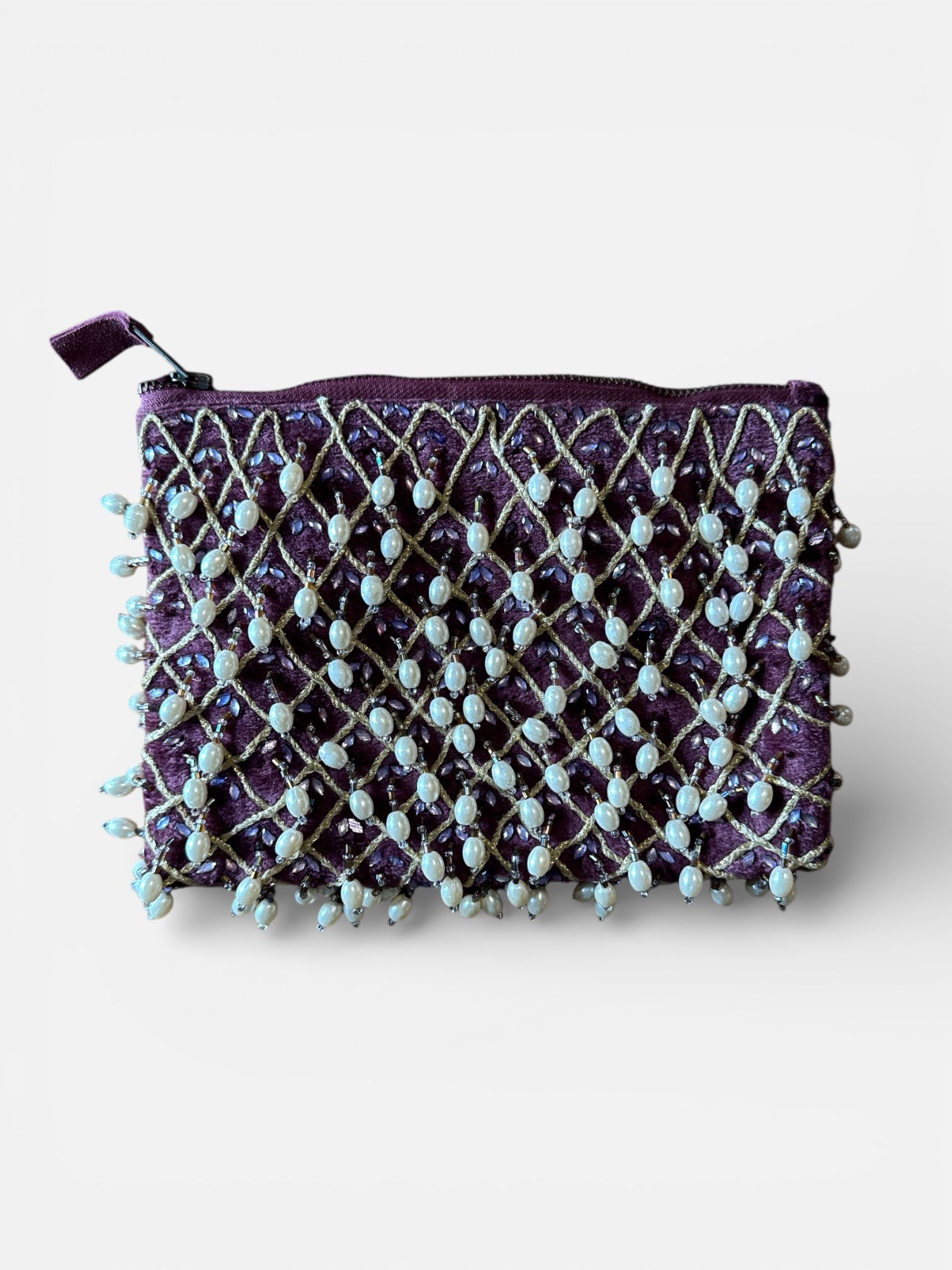 Handmade Velvet Zip Pouch with Pearl Fringe