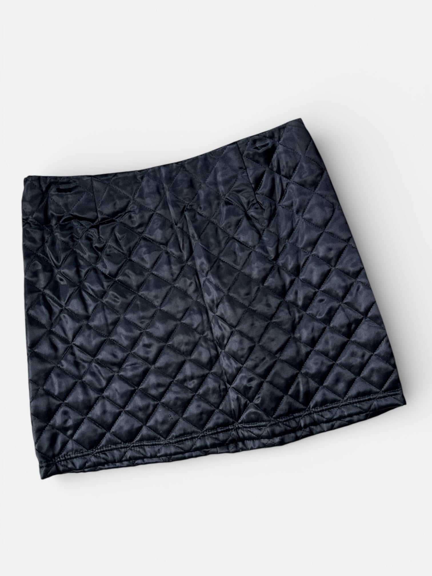90s Quilted Black Satin Mini Skirt