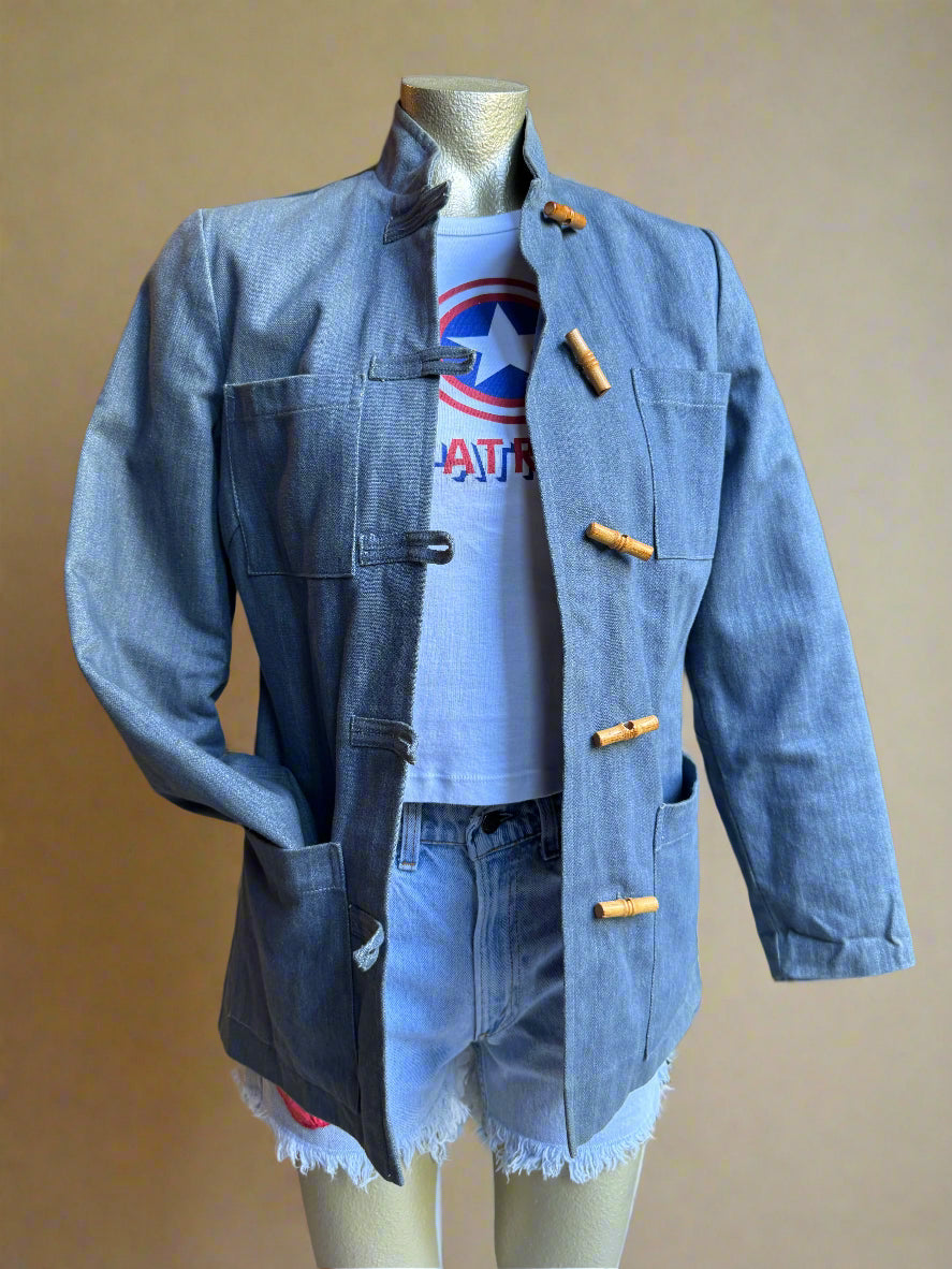 70s Denim Mandarin Collar Jacket with Toggles