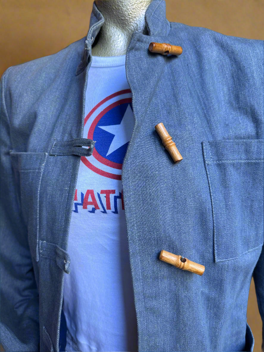 70s Denim Mandarin Collar Jacket with Toggles