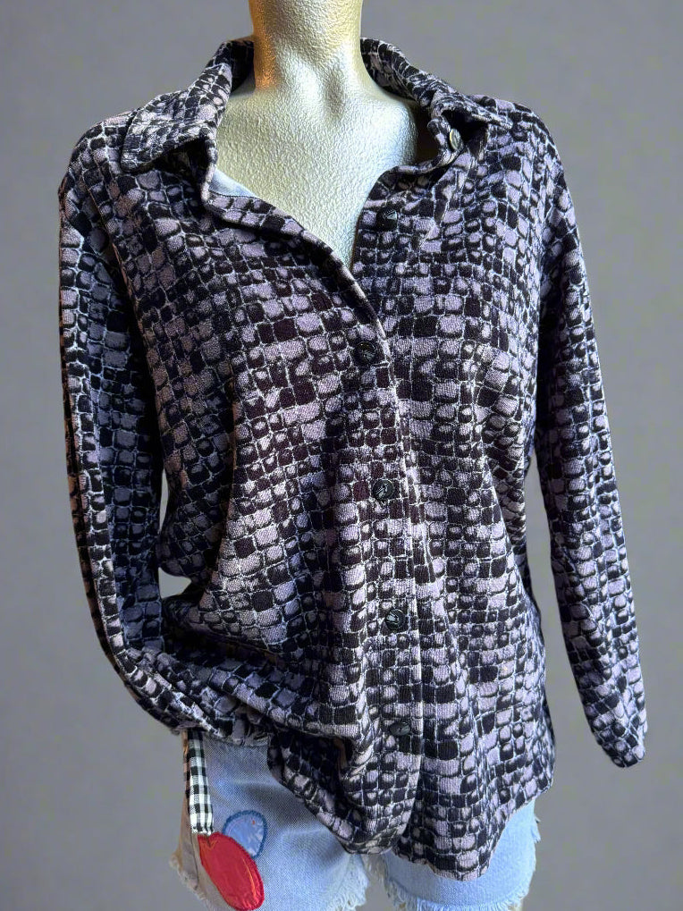 90s Velvety Reptile Print Button Up