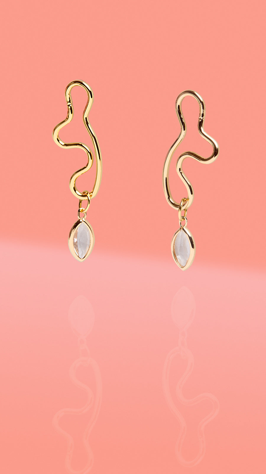 Abstract Wiggle Gold Plated Hoops with Clear Glass Charm