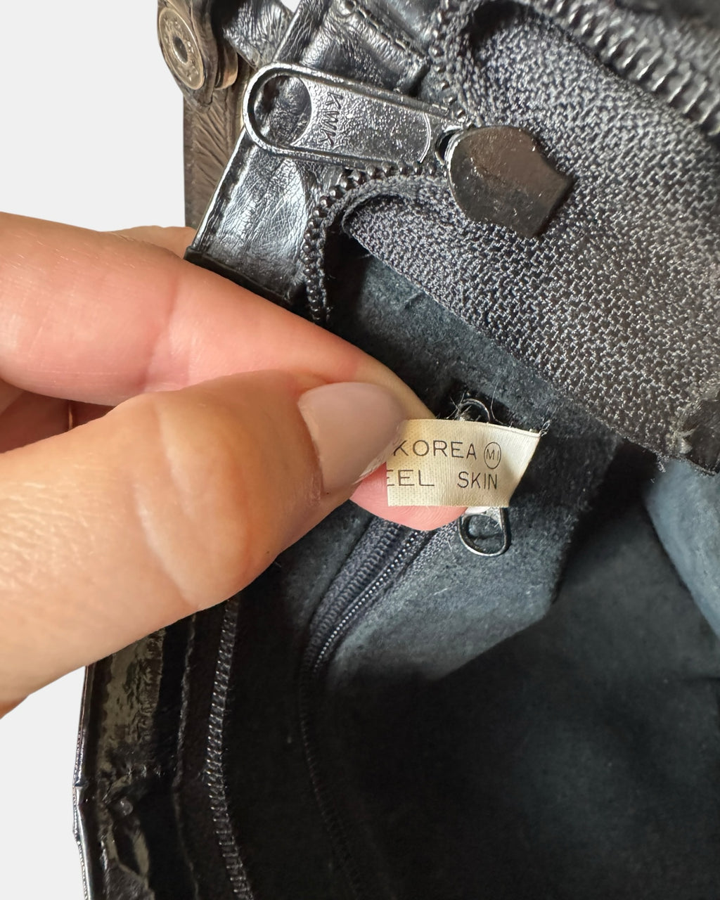 Highway Robbery Vintage black eel skin shoulder bag interior label showing Made in Korea origin