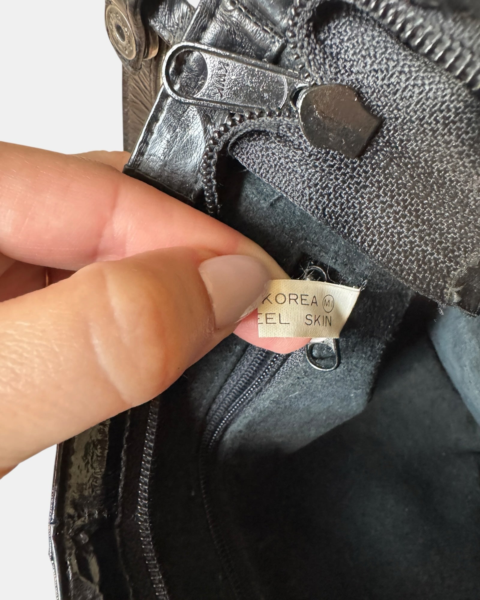 Highway Robbery Vintage black eel skin shoulder bag interior label showing Made in Korea origin
