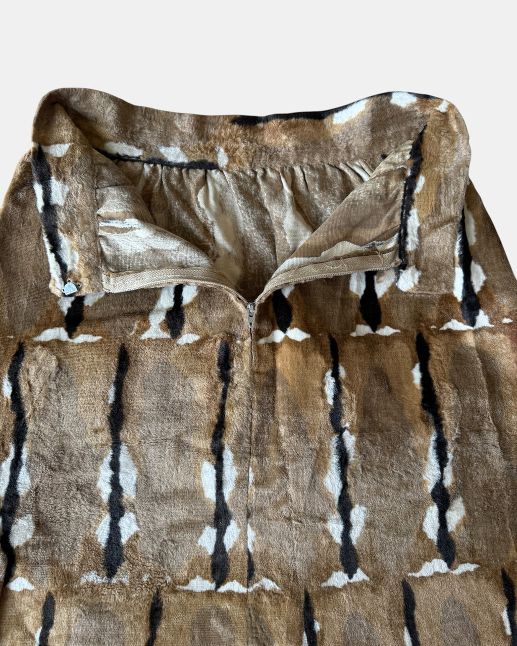 Highway Robbery Vintage faux fur midi skirt in brown, cream, and black abstract pattern with side zipper detail