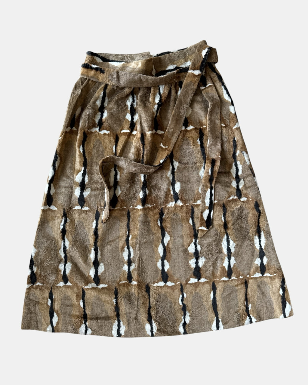 Highway Robbery Vintage faux fur midi skirt in brown, cream, and black abstract pattern with a tie-waist detail.