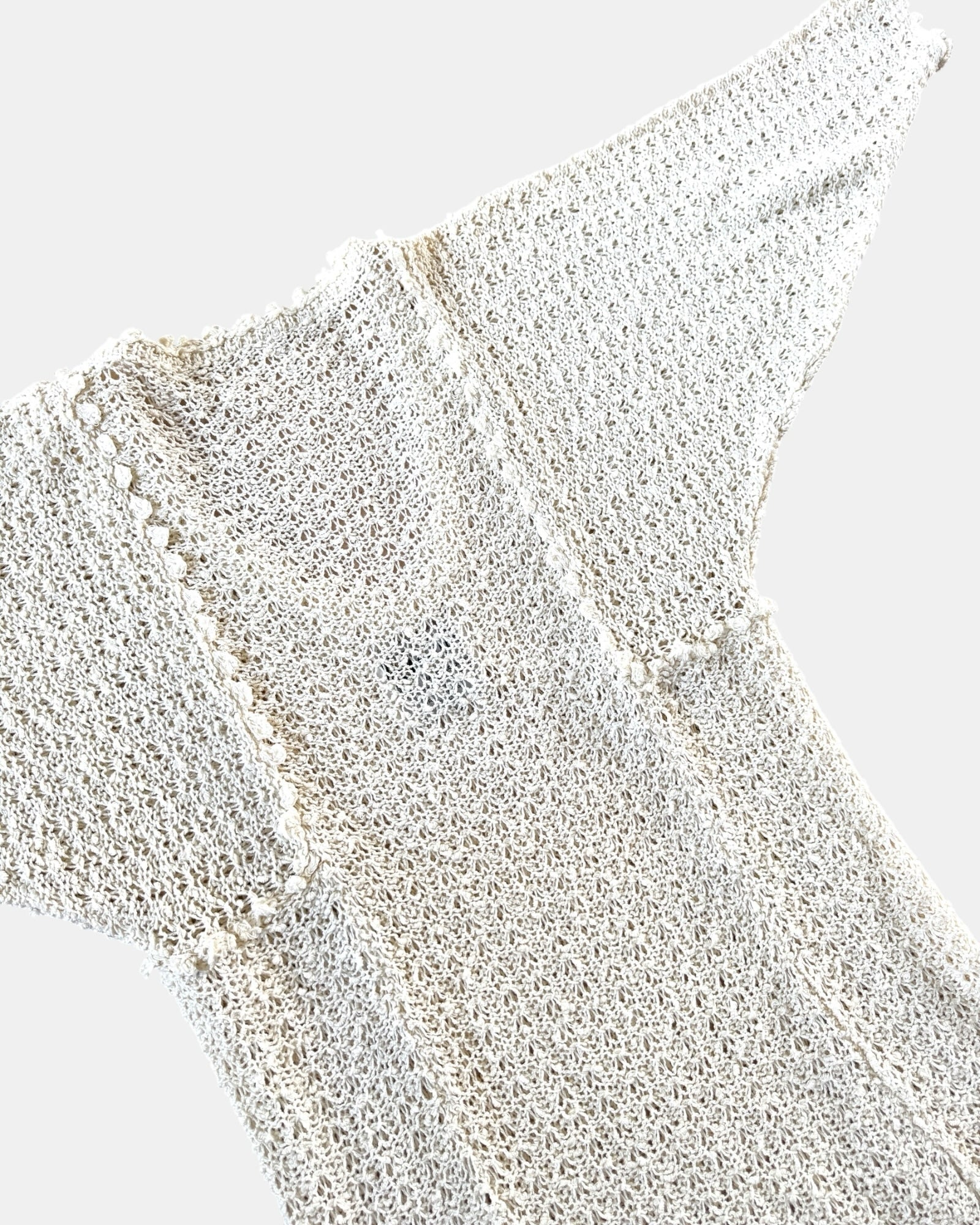 Highway Robbery Vintage off-white hand-loomed Irish linen knit dress with intricate trim and wide sleeves.