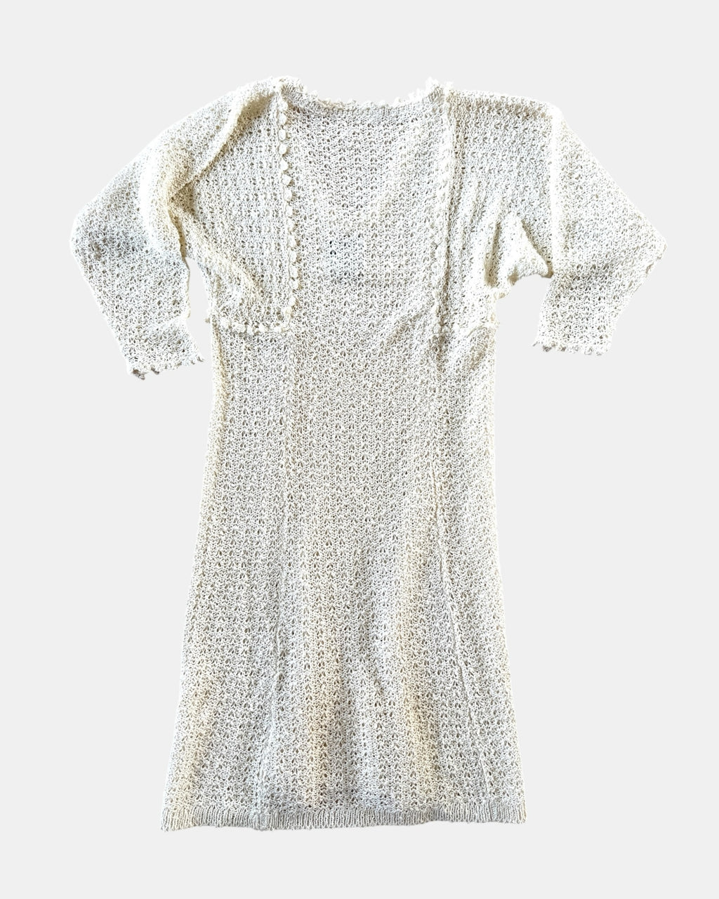 Highway Robbery Vintage off-white hand-loomed Irish linen knit dress with delicate open-knit texture and trim detailing.