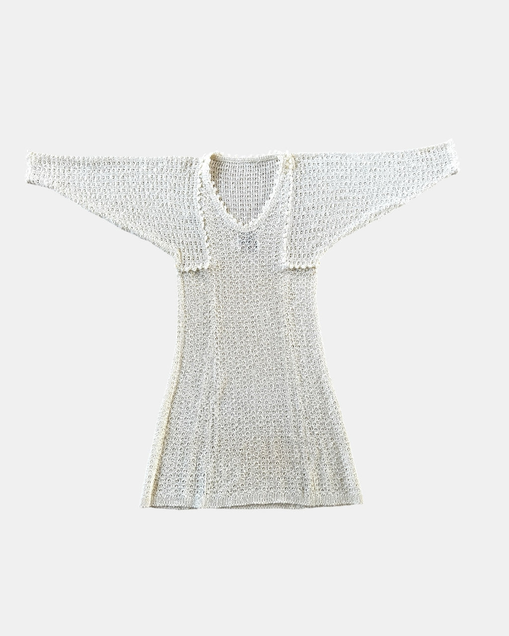 Highway Robbery Vintage PALLAS hand-loomed off-white Irish linen knit dress with wide sleeves and decorative trim.