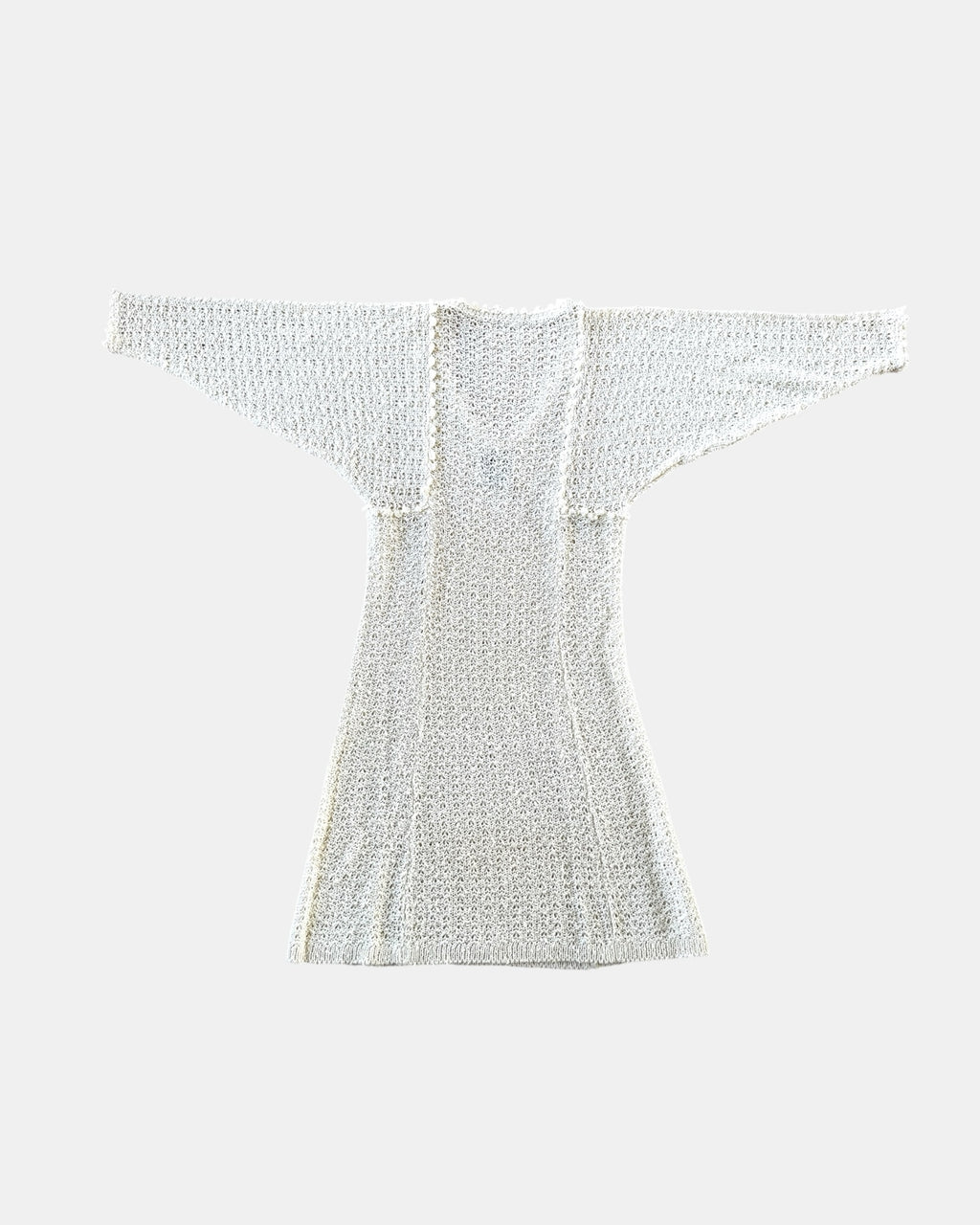 Highway Robbery Vintage off-white hand-loomed Irish linen knit dress with wide sleeves and delicate trim detailing.