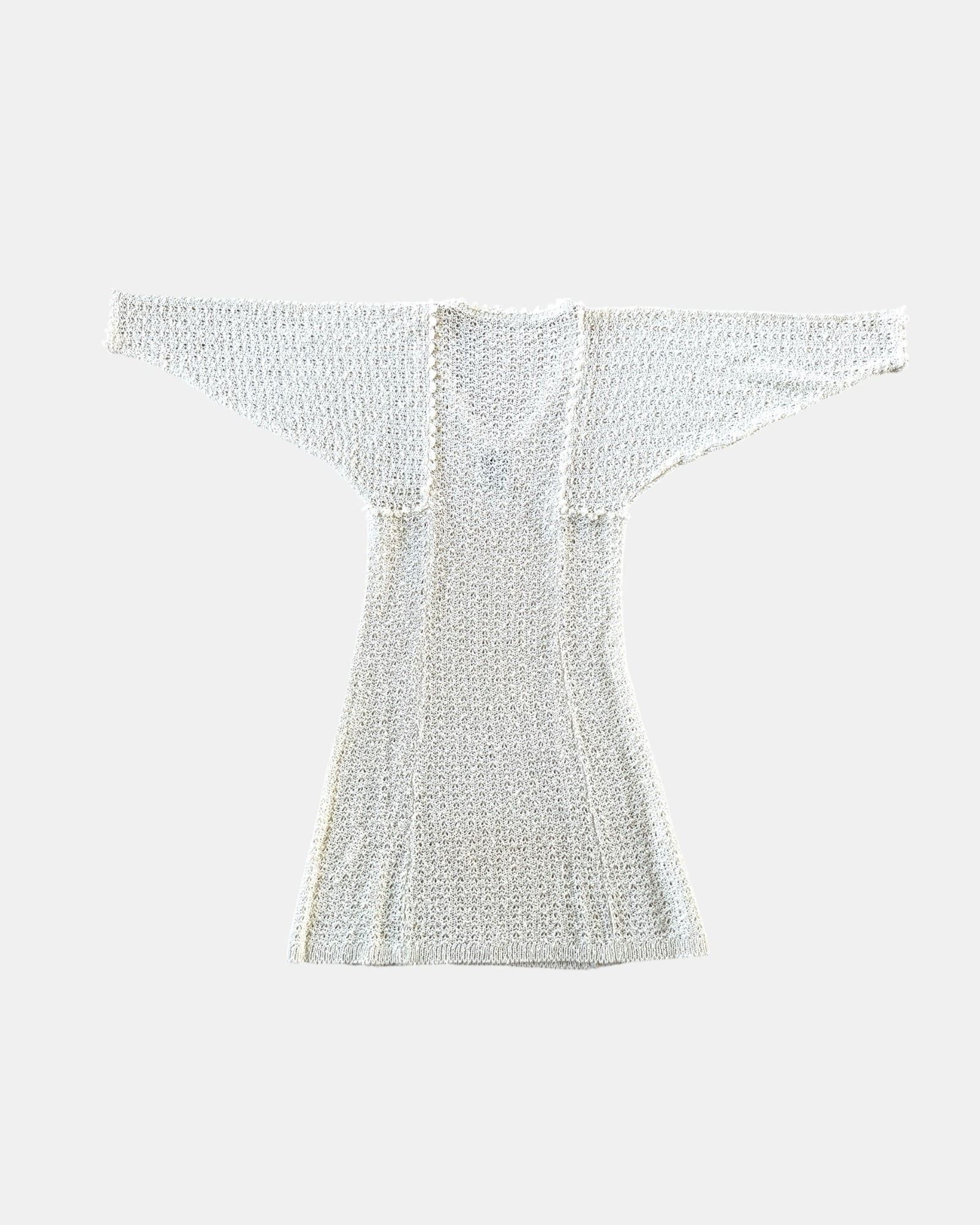 Highway Robbery Vintage off-white hand-loomed Irish linen knit dress with wide sleeves and delicate trim detailing.