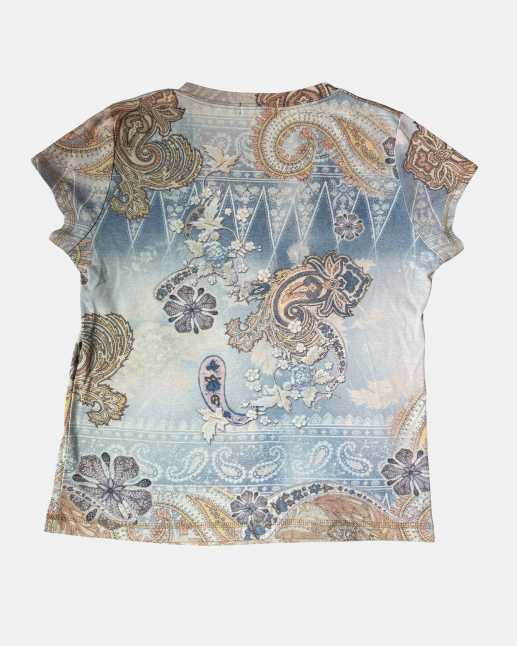 Highway Robbery Vintage short sleeve top with blue and neutral paisley floral print and rhinestone embellishments
