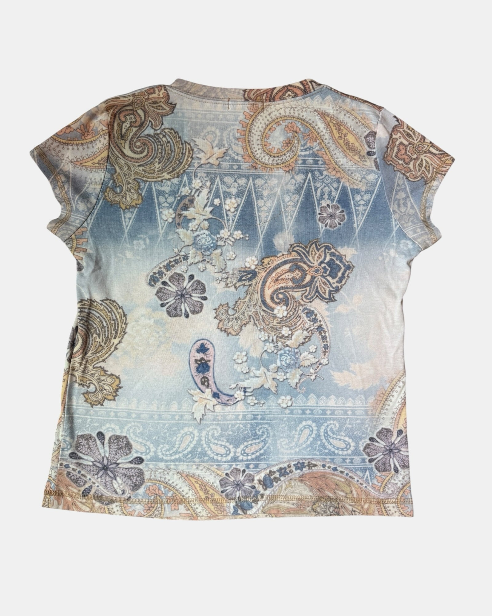 Highway Robbery Vintage short sleeve top with blue and neutral paisley floral print and rhinestone embellishments