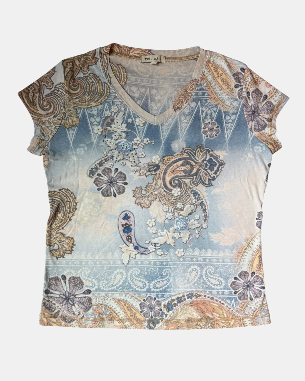 Highway Robbery Vintage xcit u.s.a. blue paisley print V-neck top with rhinestone embellishments