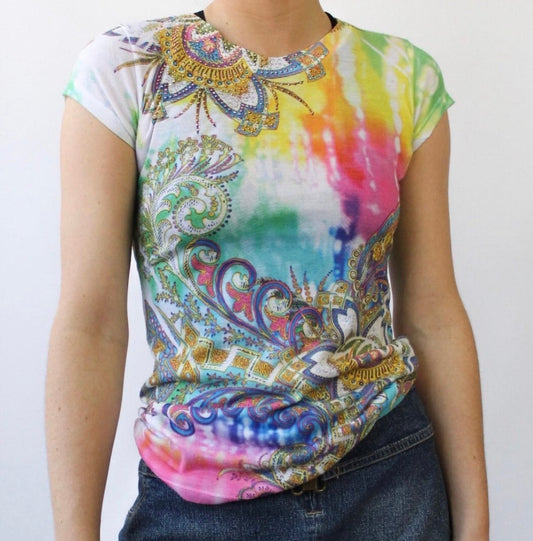 Y2K Cache Colorful Screen Print Top with Studs