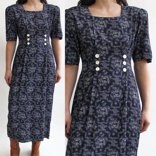 90s Double Buttons Floral Teacher Dress