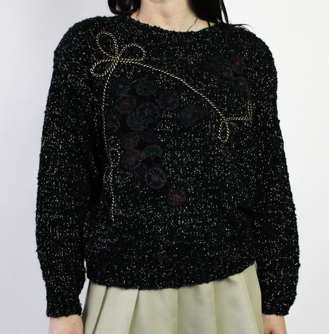 80s Black and Gold Sweater with Flowers