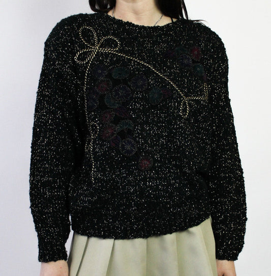 80s Black and Gold Sweater with Flowers