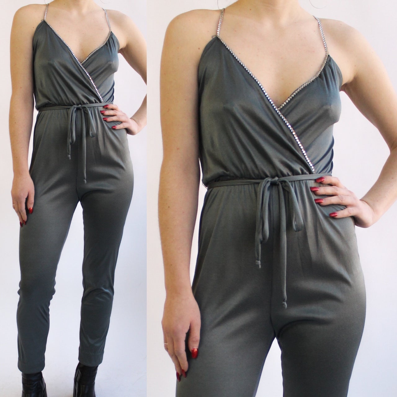 70s Gunmetal Jumpsuit with Diamond Trim