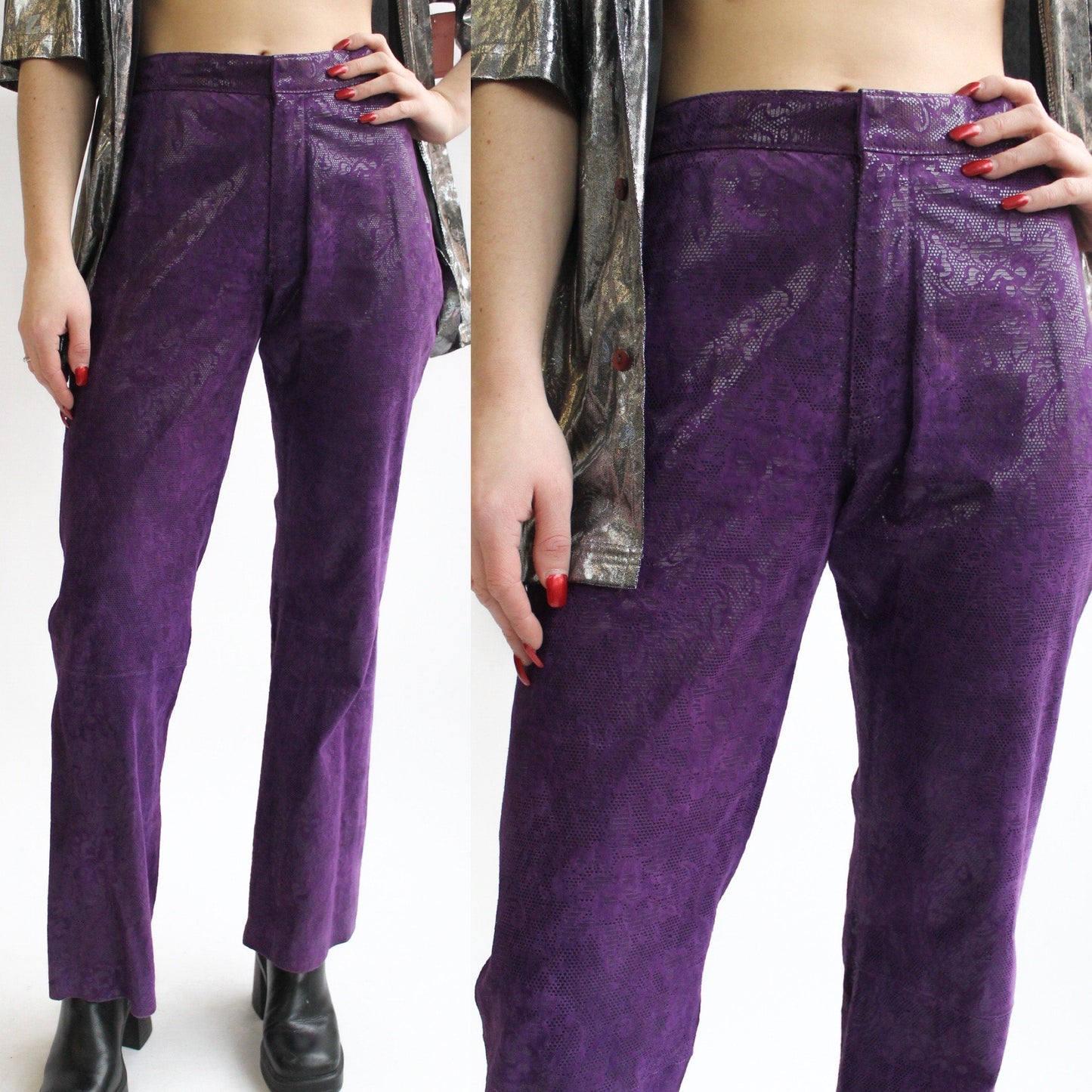 Y2K Wilson’s Maxima Purple Suede Pants with Embossed Lace Design