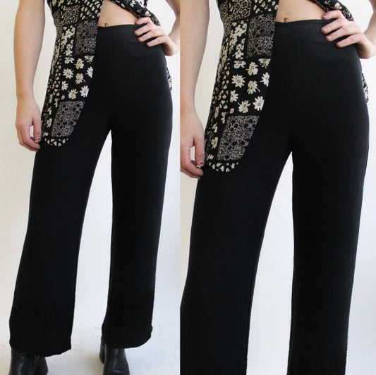 Y2K Silk Wide Leg Pants with Beading