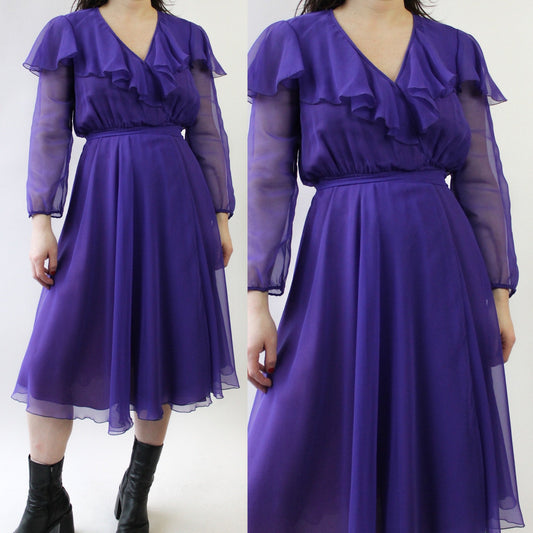 80s Sheer Purple Ruffles Dress with Lining