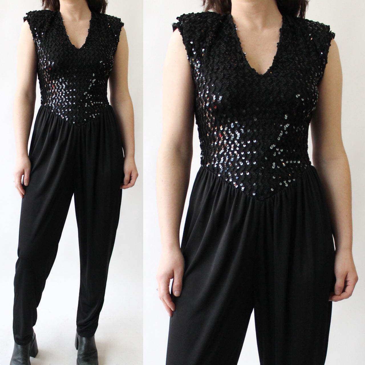 80s Black Sequin Party Jumpsuit