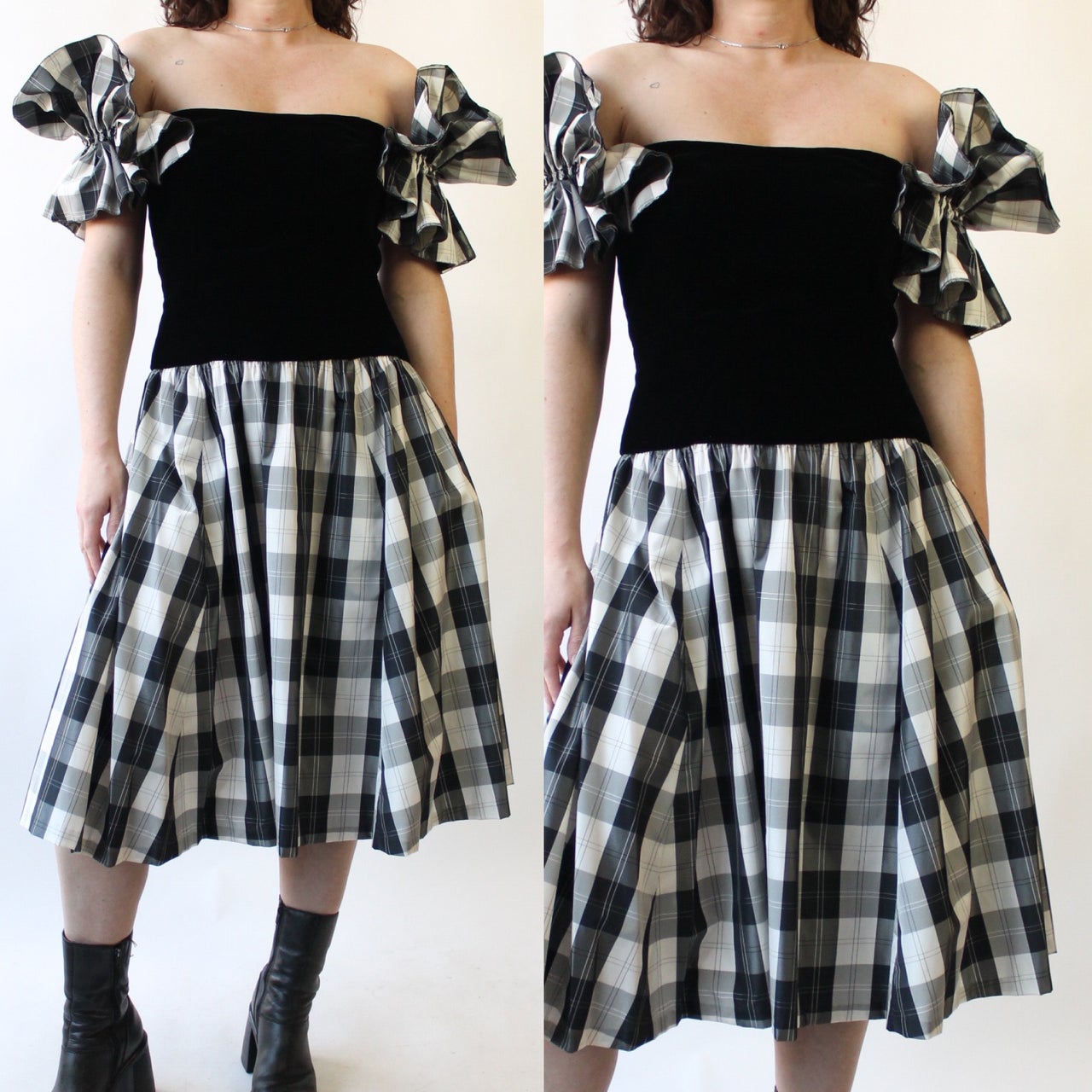 80s Black Velvet and Plaid Taffeta Party Dress