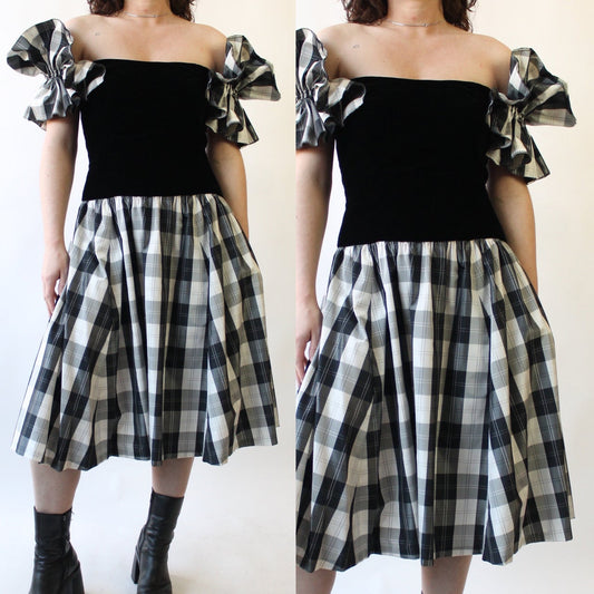 80s Black Velvet and Plaid Taffeta Party Dress
